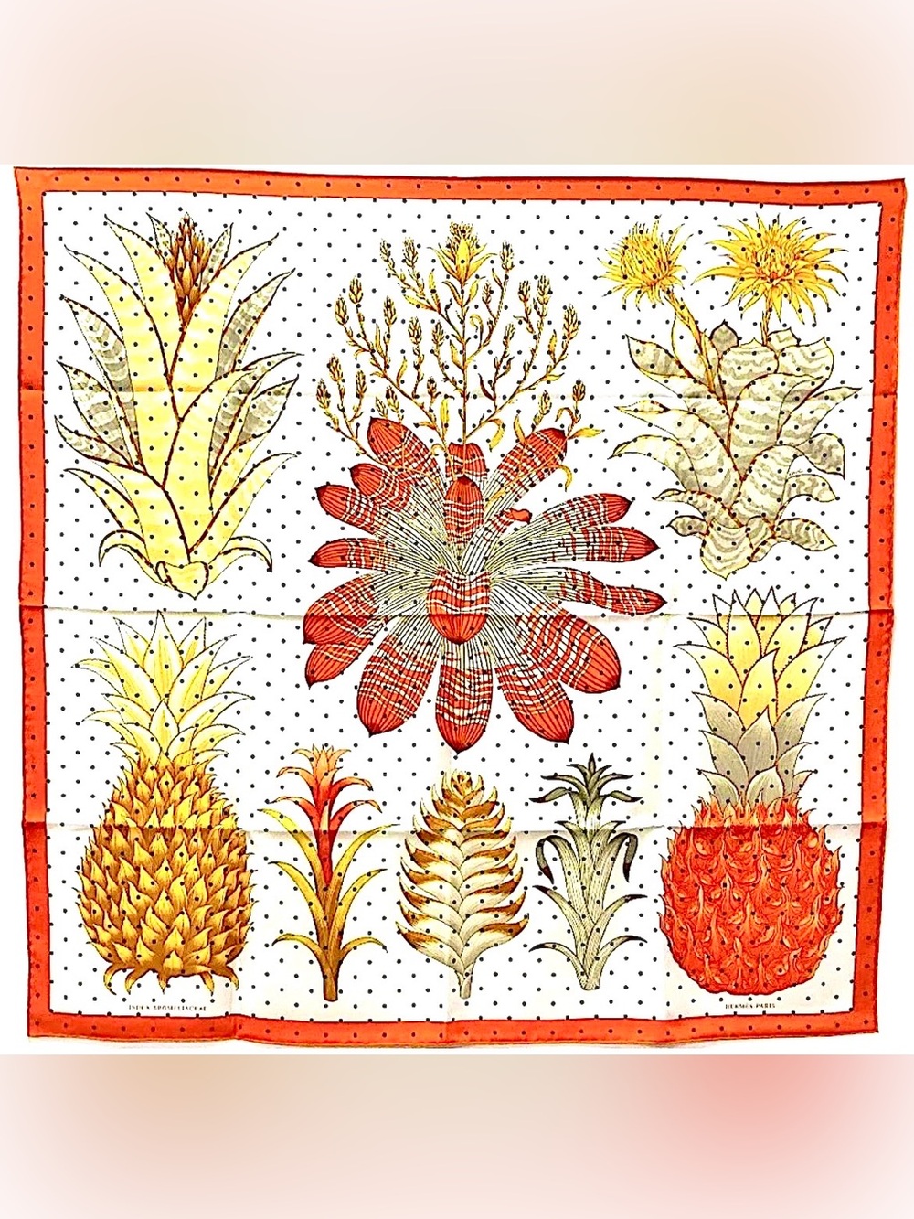 🧡 Hermès Index Bromeliacee Print * K. Scott Design, 35" / 100% Authentic Silk 🧡
